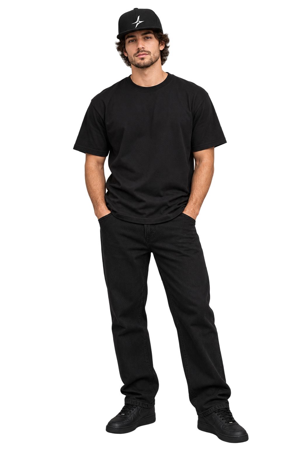 Star Snapback Cap in Black — worn, front #color-black