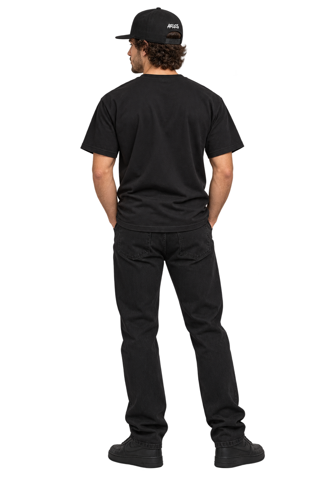 Star Snapback Cap in Black — worn, back #color-black