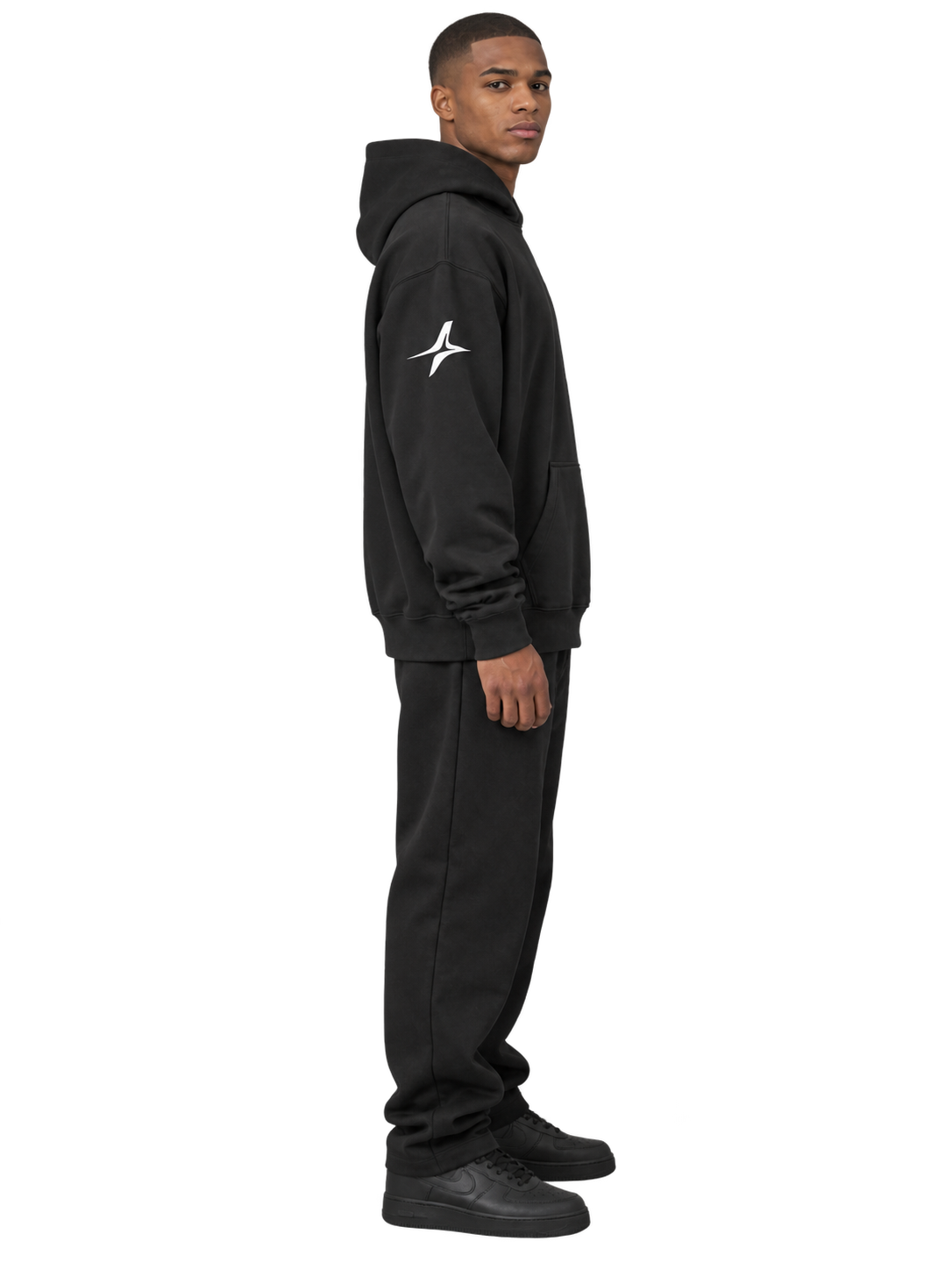 Clean Fit Hoodie — worn, side, sleeve star