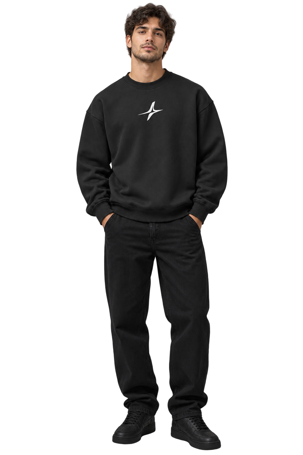 Handprint Crewneck Sweatshirt in Black — worn, front #color-black