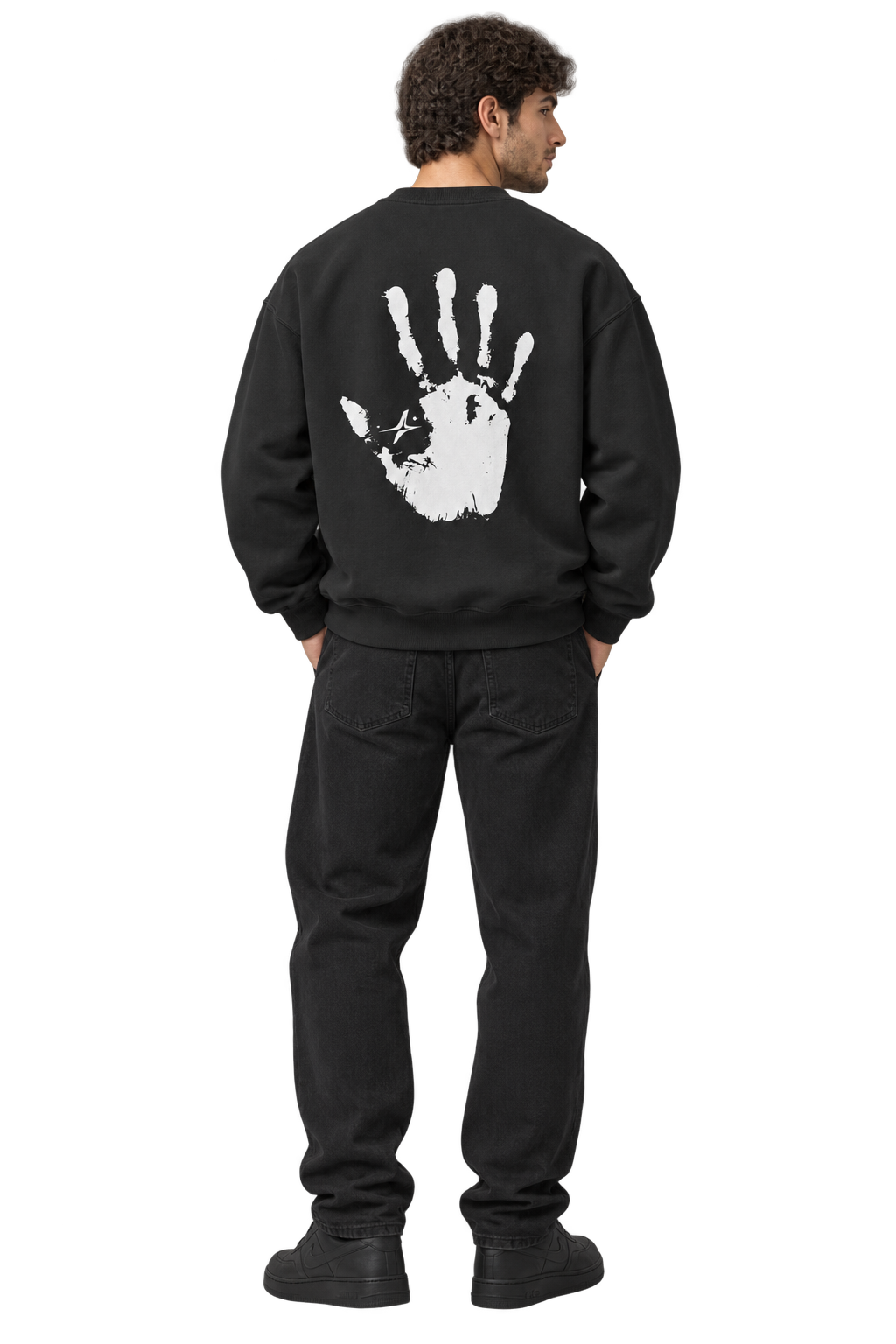 Handprint Crewneck Sweatshirt in Black — worn, back #color-black