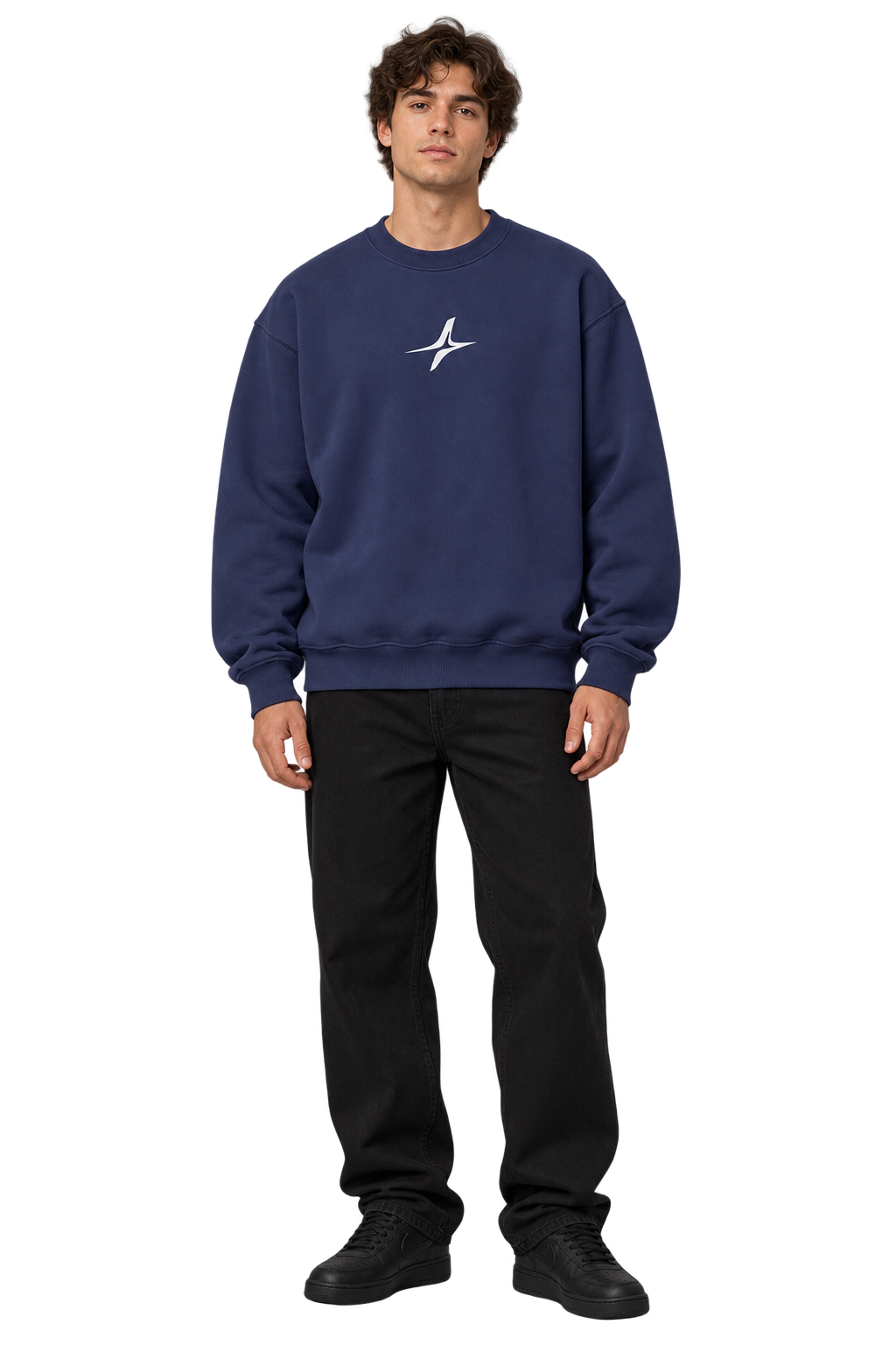 Handprint Crewneck Sweatshirt in Navy — worn, front #color-navy