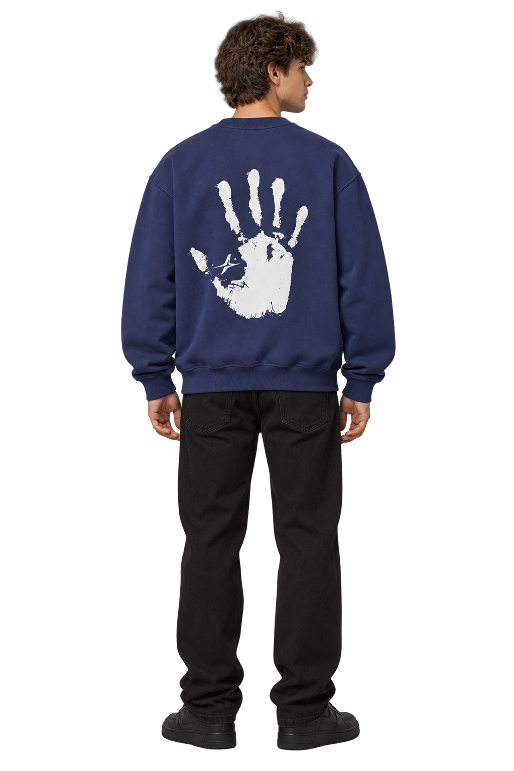 Handprint Crewneck Sweatshirt in Navy — worn, back #color-navy
