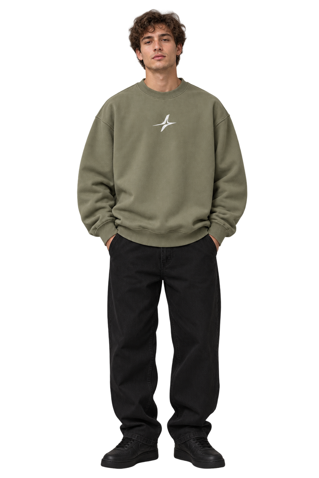 Handprint Crewneck Sweatshirt in Sage Green — worn, front #color-sage-green