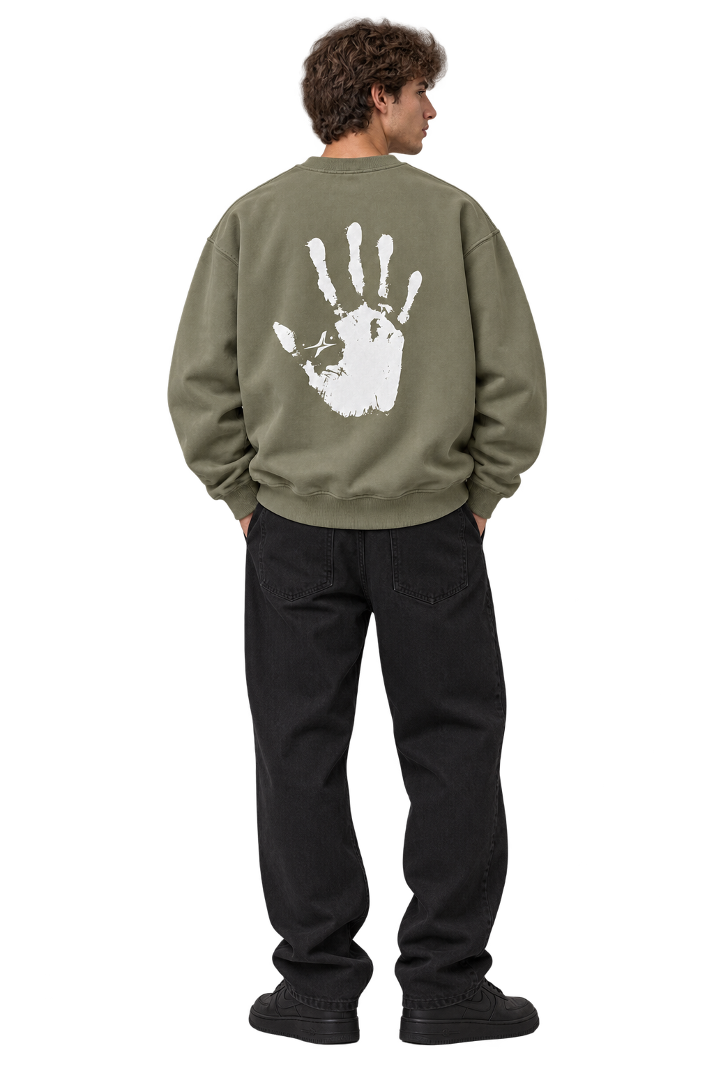 Handprint Crewneck Sweatshirt in Sage Green — worn, back #color-sage-green