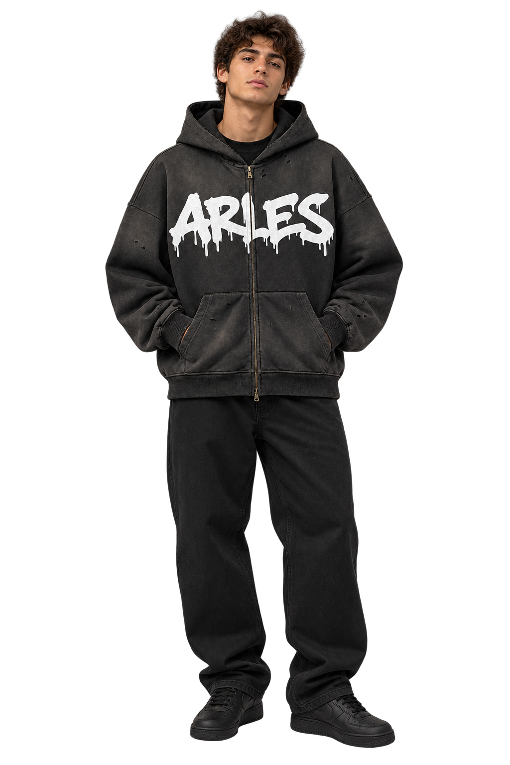 Sun-Faded Drip Zip Hoodie in Black — worn, front #color-black