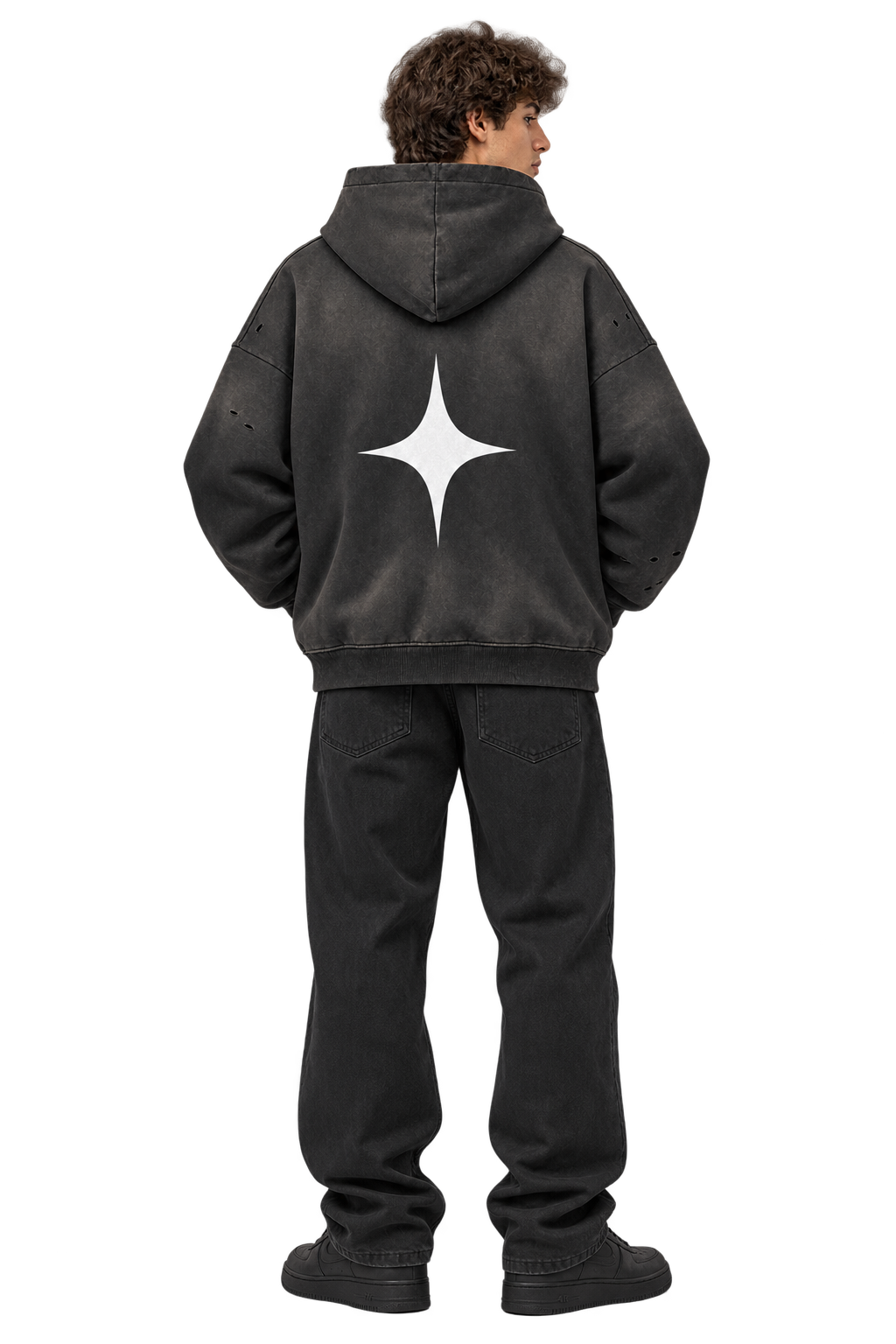 Sun-Faded Drip Zip Hoodie in Black — worn, back #color-black