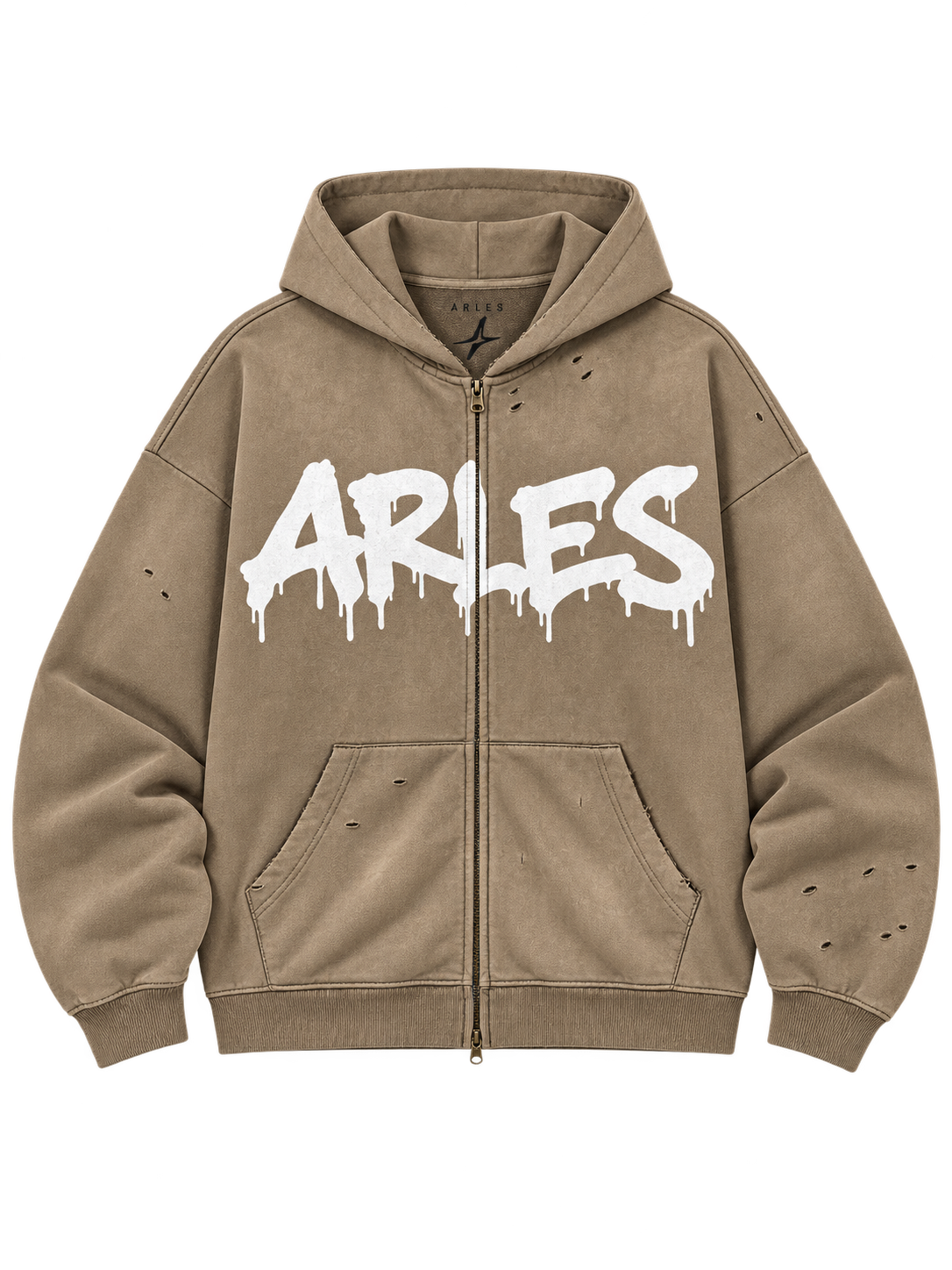 Sun-Faded Drip Zip Hoodie in Camel — front, graffiti drip ARLES #color-camel