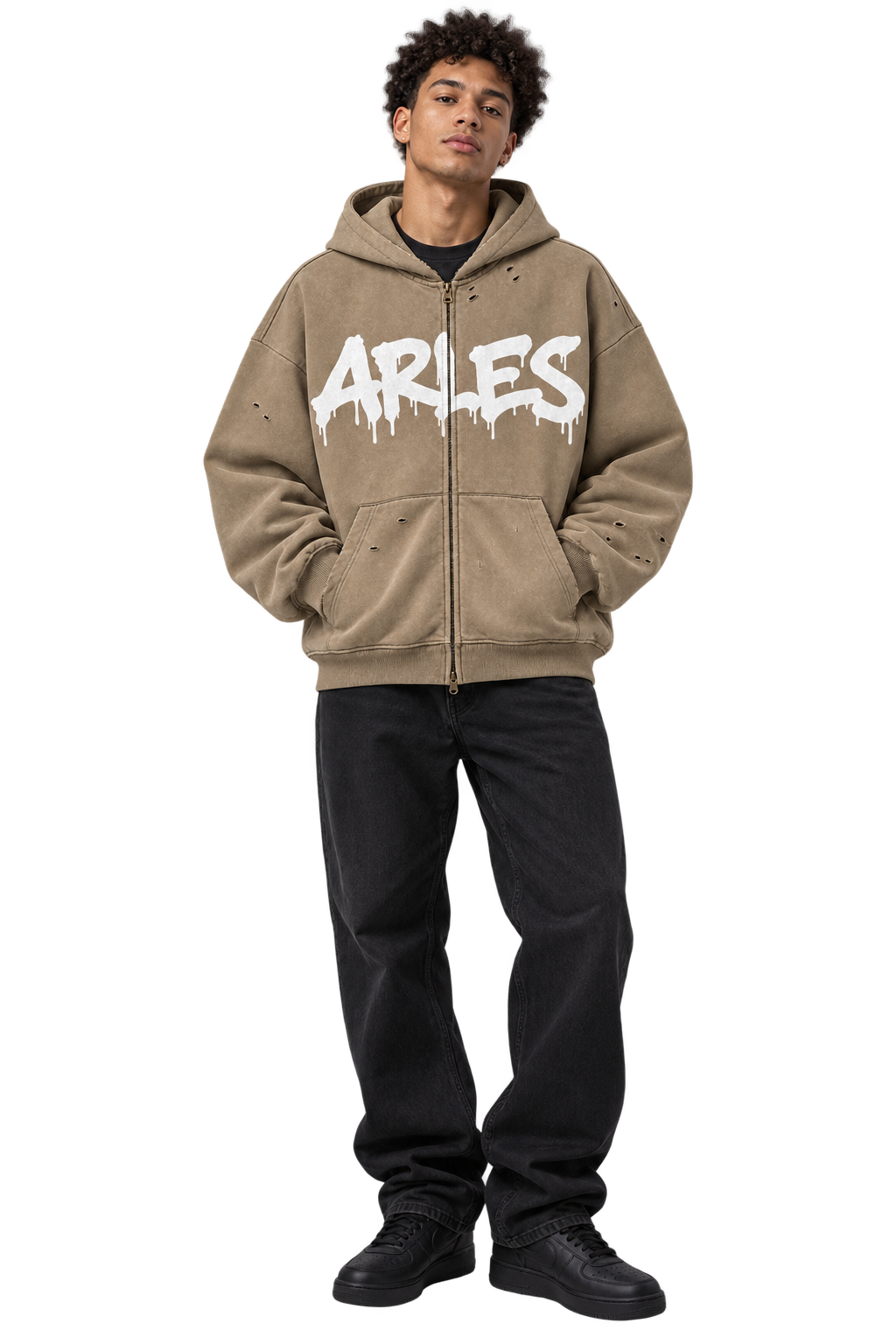 Sun-Faded Drip Zip Hoodie in Camel — worn, front #color-camel