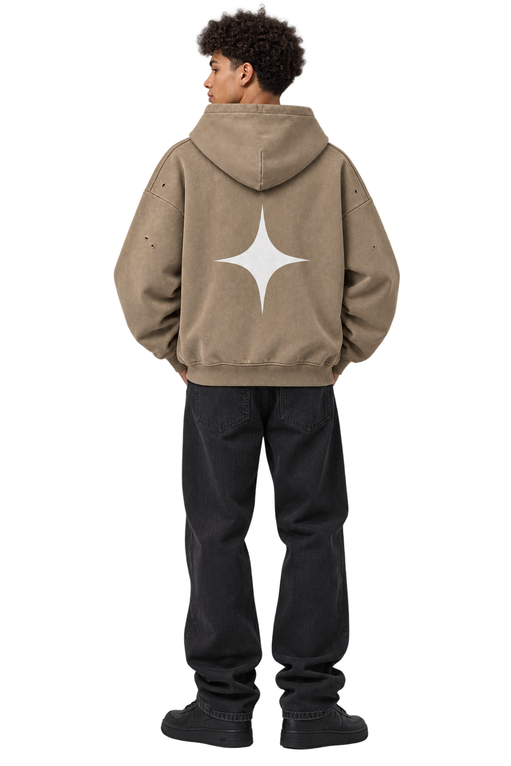 Sun-Faded Drip Zip Hoodie in Camel — worn, back #color-camel