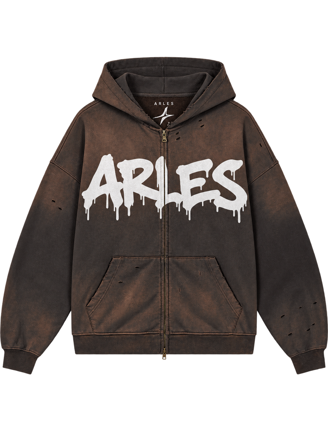 Sun-Faded Drip Zip Hoodie in Dark Grey — front, graffiti drip ARLES #color-dark-grey