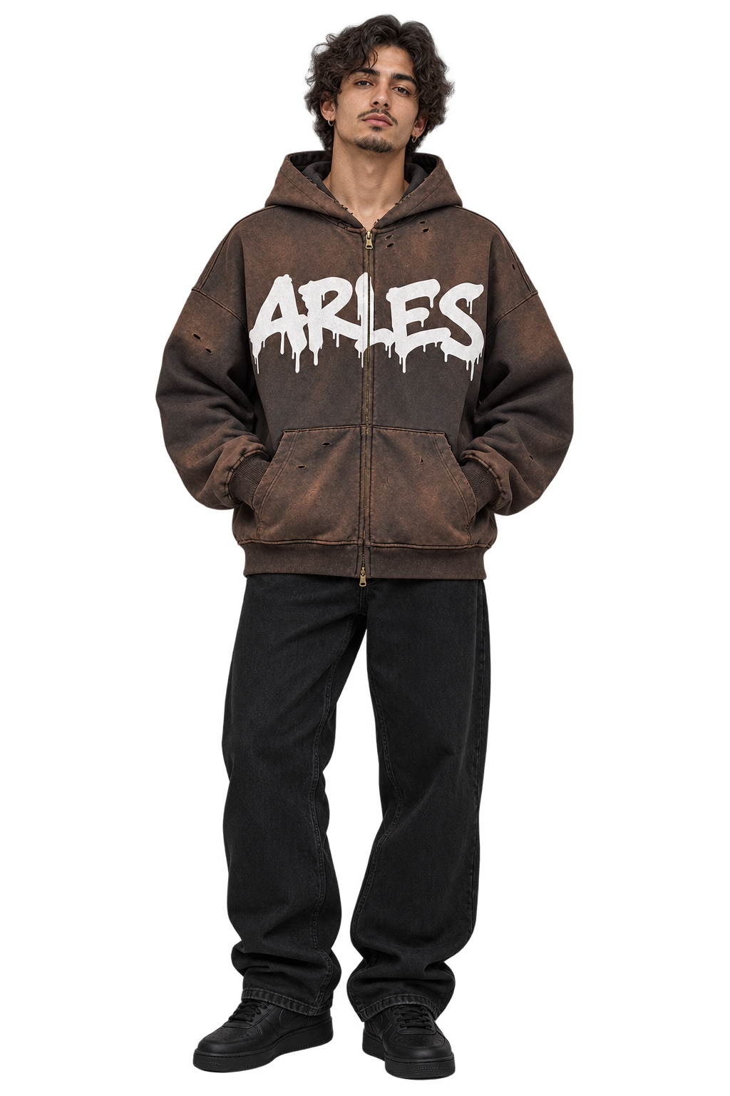 Sun-Faded Drip Zip Hoodie in Dark Grey — worn, front #color-dark-grey