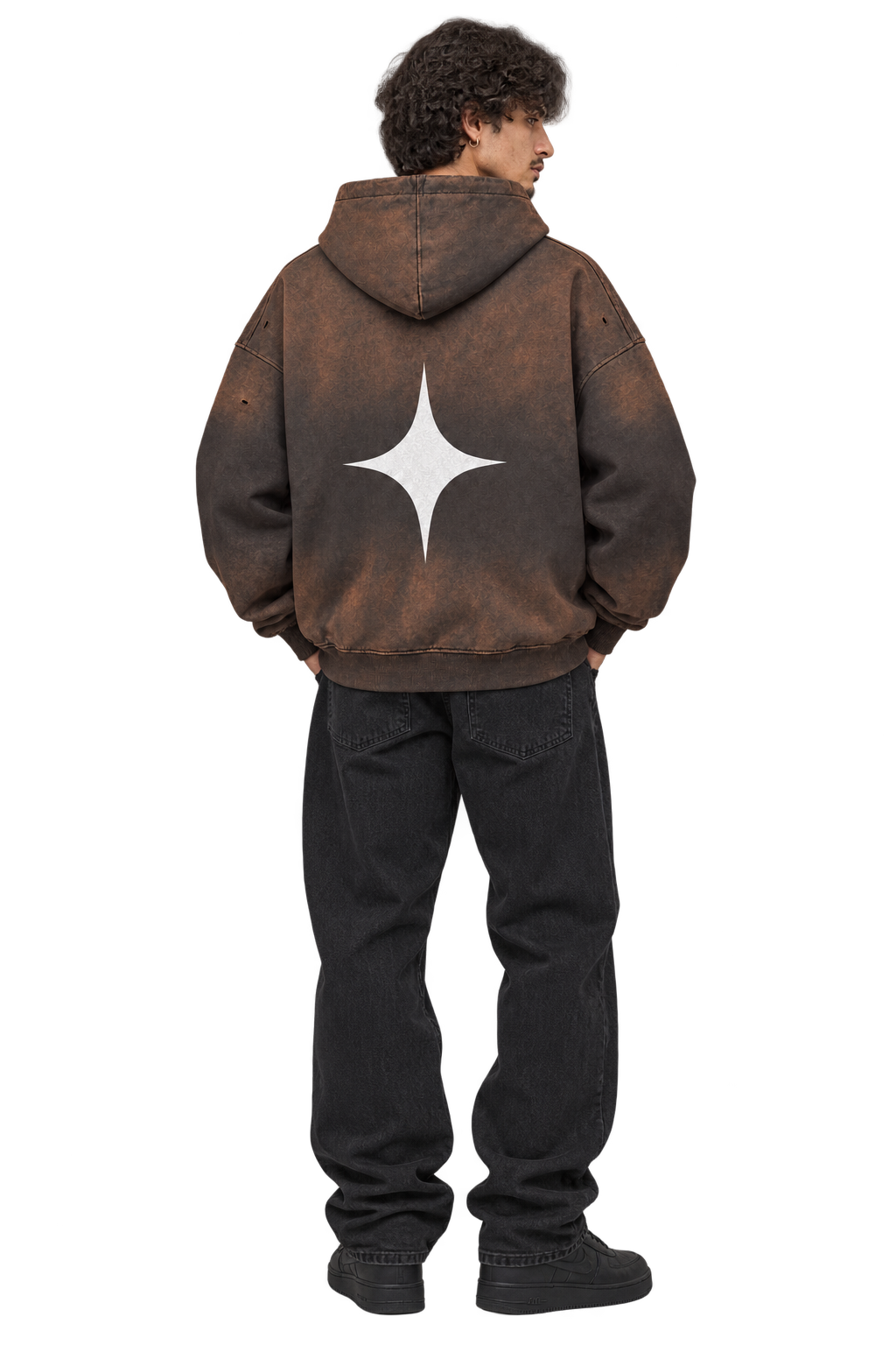 Sun-Faded Drip Zip Hoodie in Dark Grey — worn, back #color-dark-grey