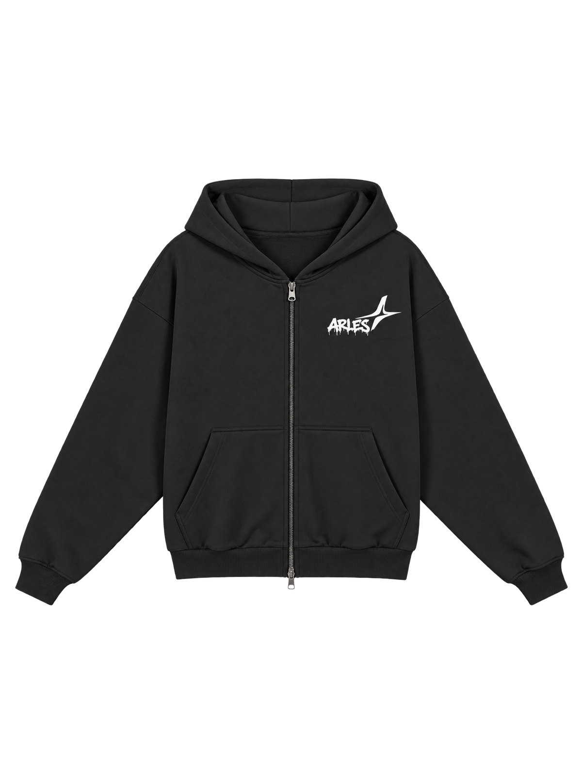 Double Zip Hoodie — front, graffiti mark