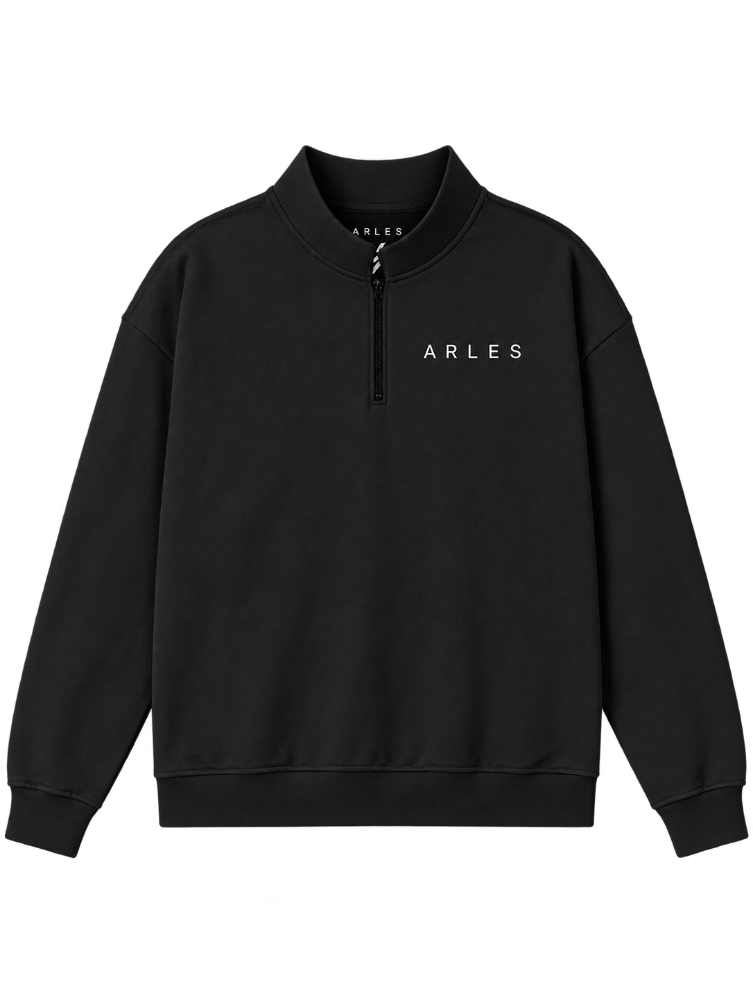 Half-Zip Stand Collar Sweatshirt in Black — front, ARLES chest wordmark #color-black