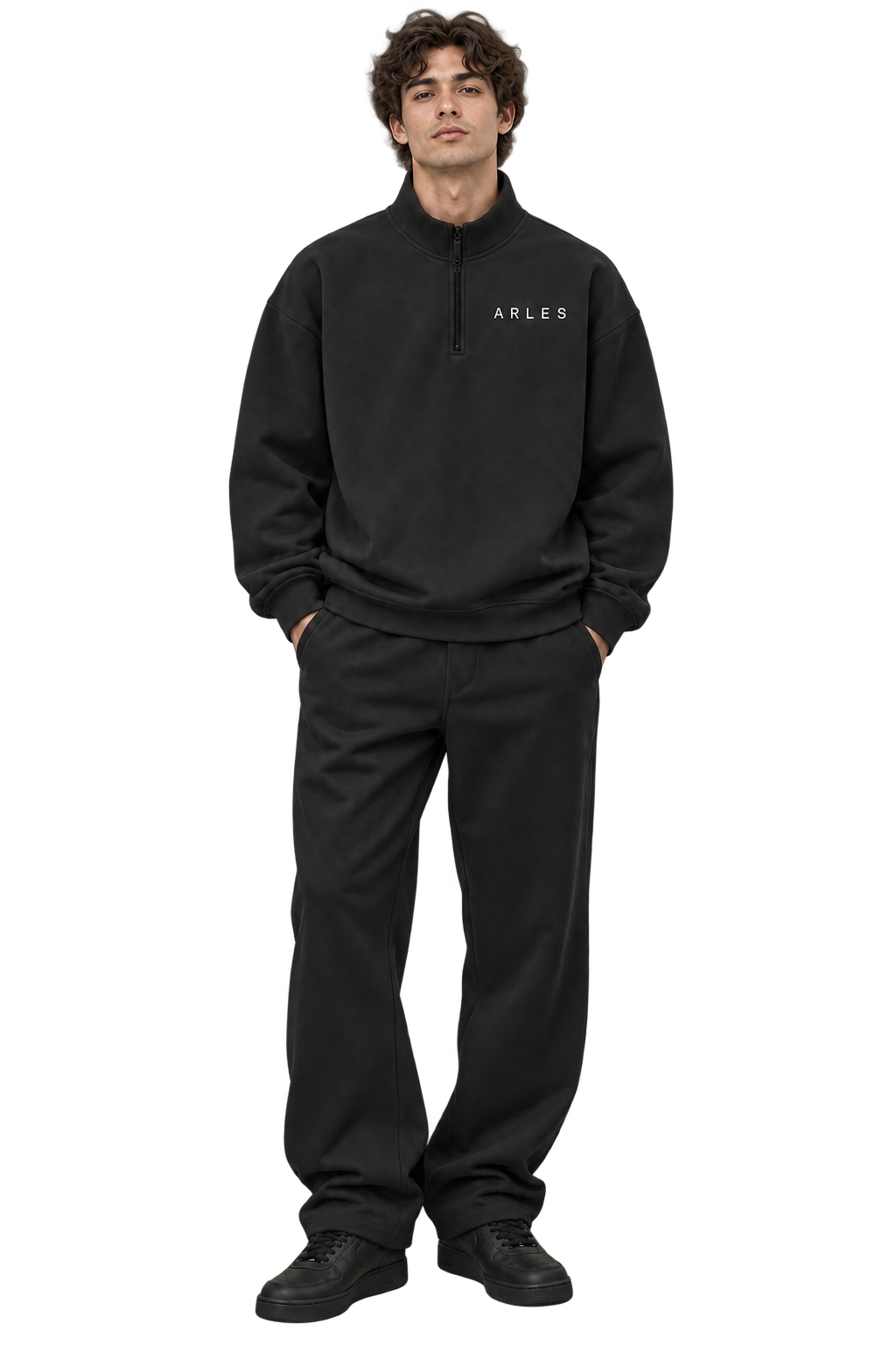 Half-Zip Stand Collar Sweatshirt in Black — worn, front #color-black