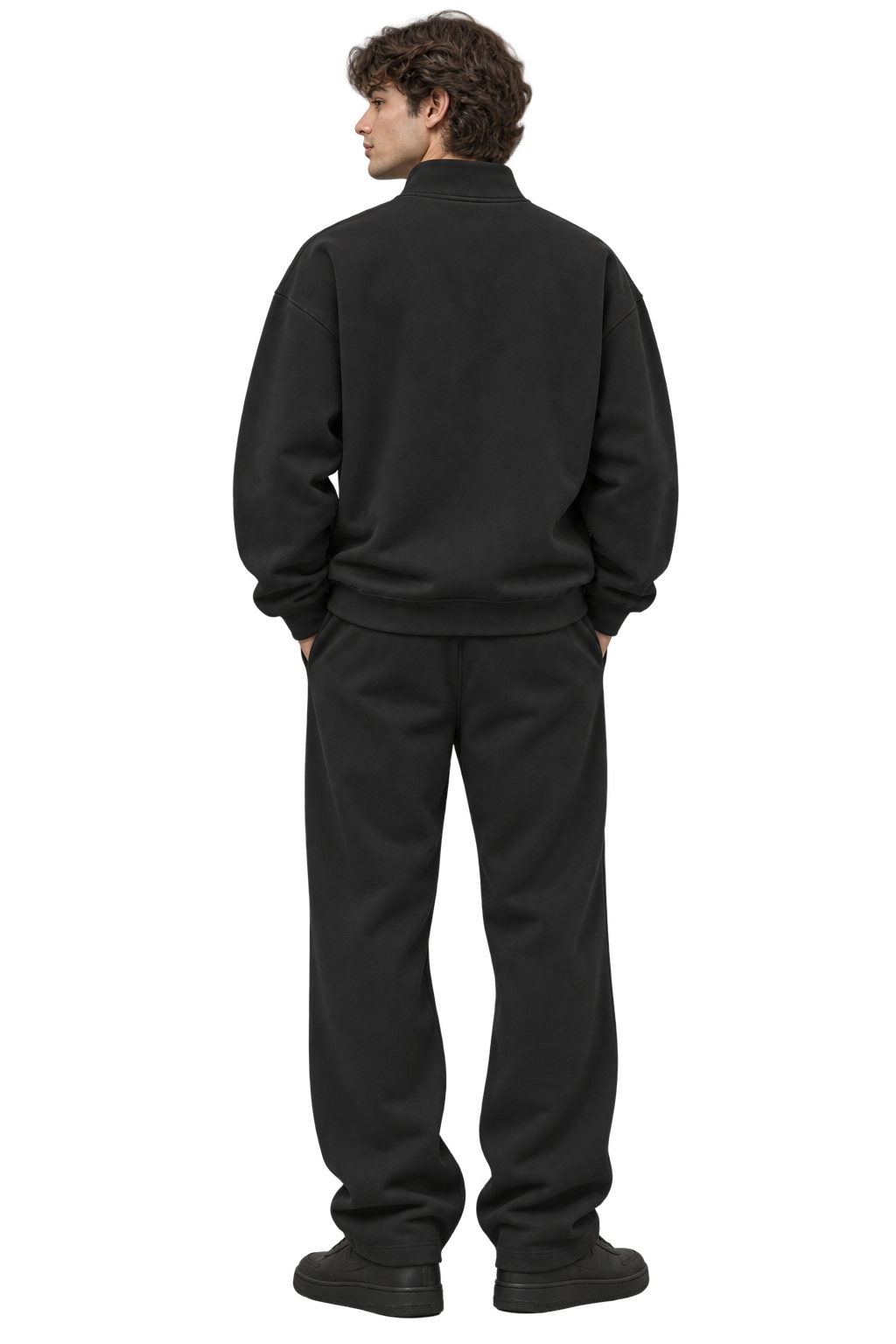 Half-Zip Stand Collar Sweatshirt in Black — worn, back #color-black