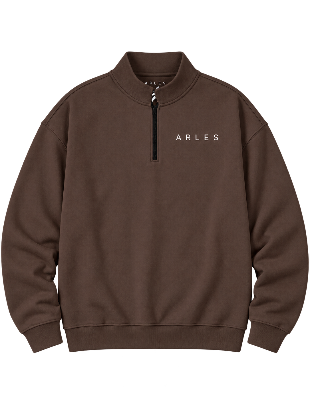 Half-Zip Stand Collar Sweatshirt in Brown — front, ARLES chest wordmark #color-brown
