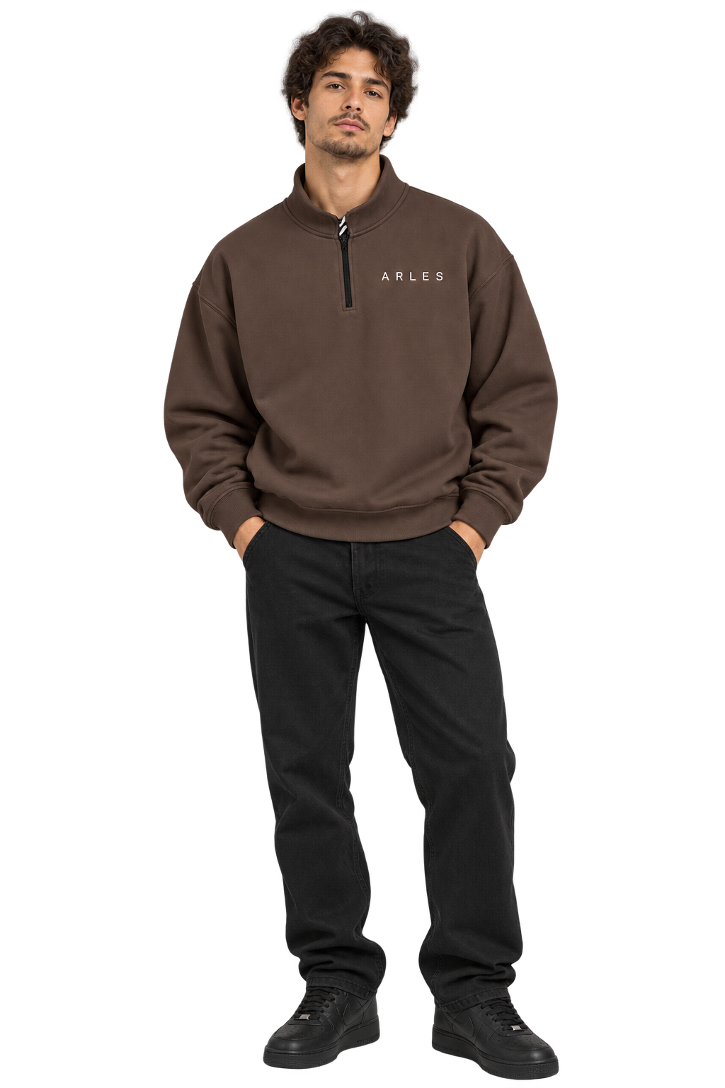 Half-Zip Stand Collar Sweatshirt in Brown — worn, front #color-brown