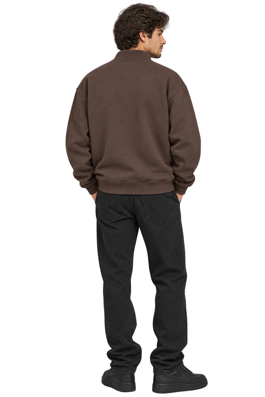 Half-Zip Stand Collar Sweatshirt in Brown — worn, back #color-brown