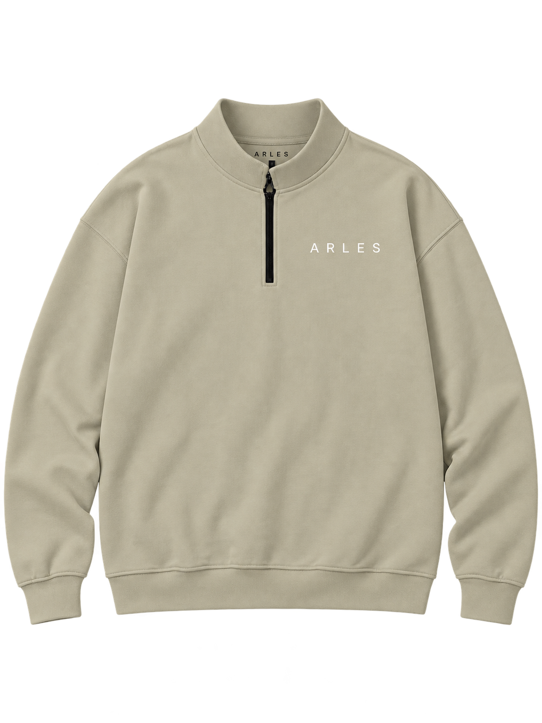 Half-Zip Stand Collar Sweatshirt in Camel — front, ARLES chest wordmark #color-camel