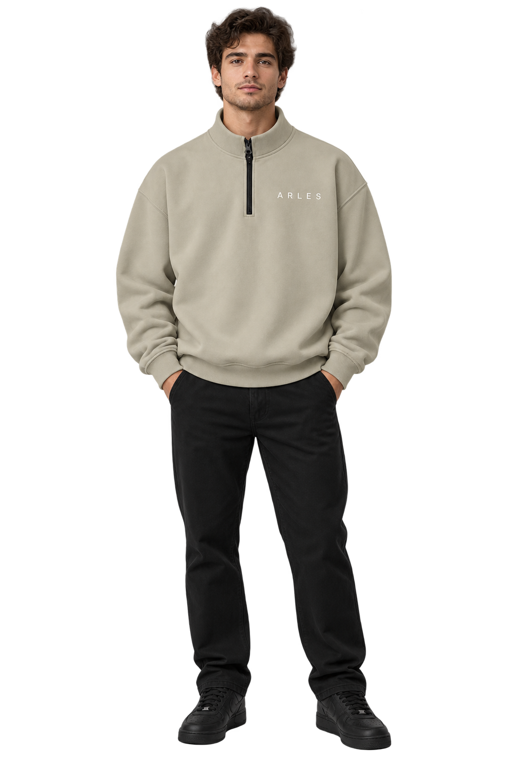 Half-Zip Stand Collar Sweatshirt in Camel — worn, front #color-camel