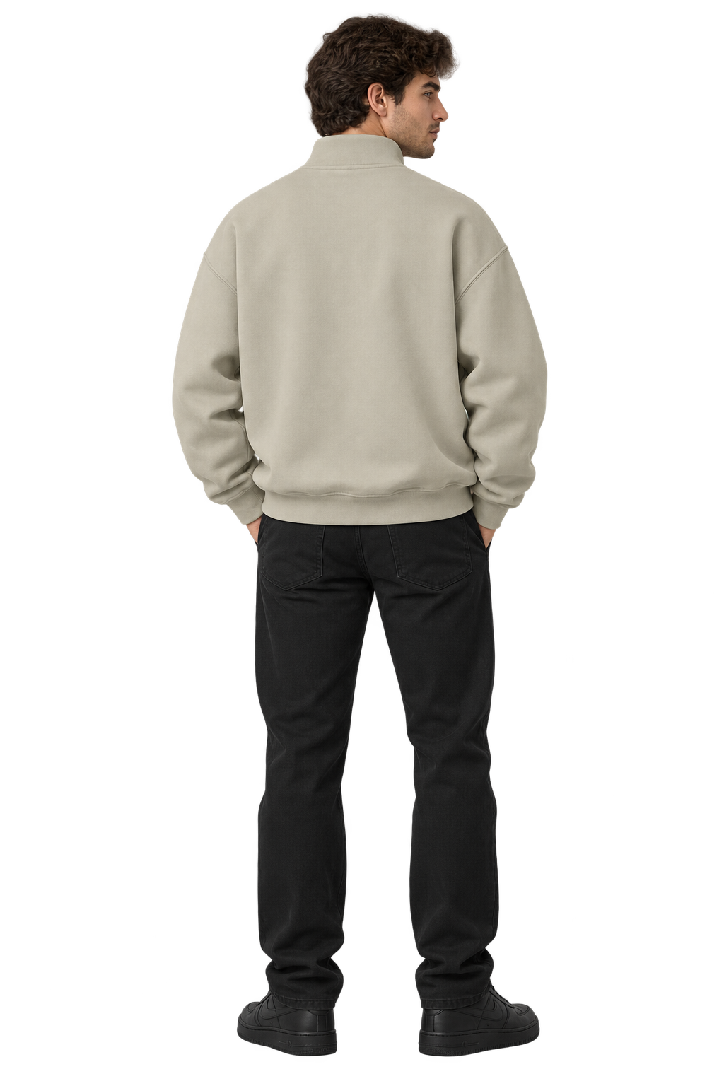 Half-Zip Stand Collar Sweatshirt in Camel — worn, back #color-camel
