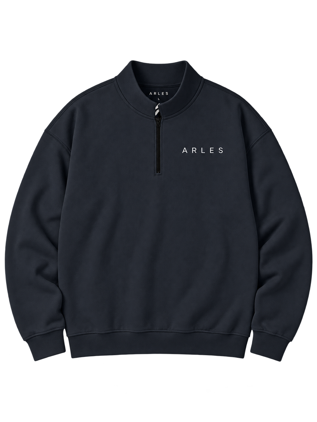 Half-Zip Stand Collar Sweatshirt in Navy blue — front, ARLES chest wordmark #color-navy-blue
