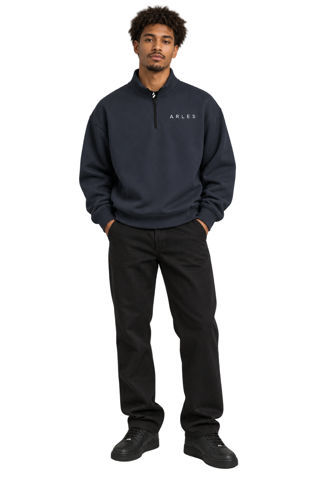 Half-Zip Stand Collar Sweatshirt in Navy blue — worn, front #color-navy-blue