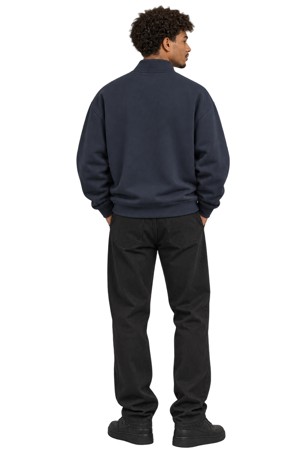 Half-Zip Stand Collar Sweatshirt in Navy blue — worn, back #color-navy-blue