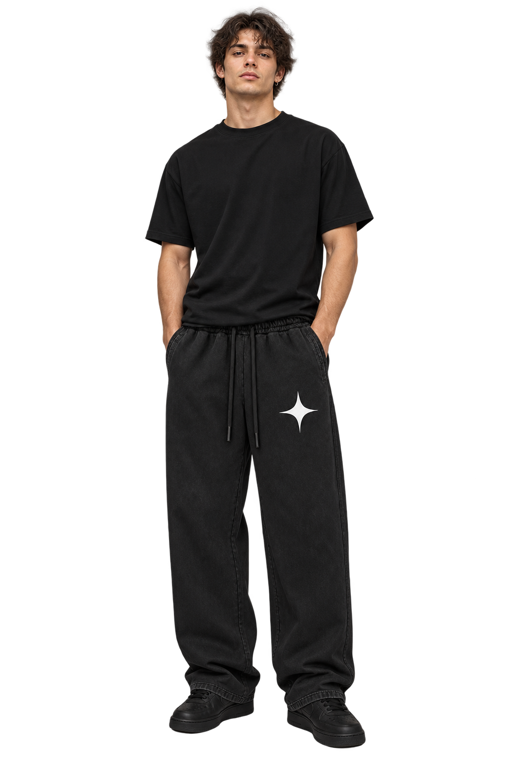 Sparkle Star Sweatpants in Faded Black — worn, front #color-faded-black
