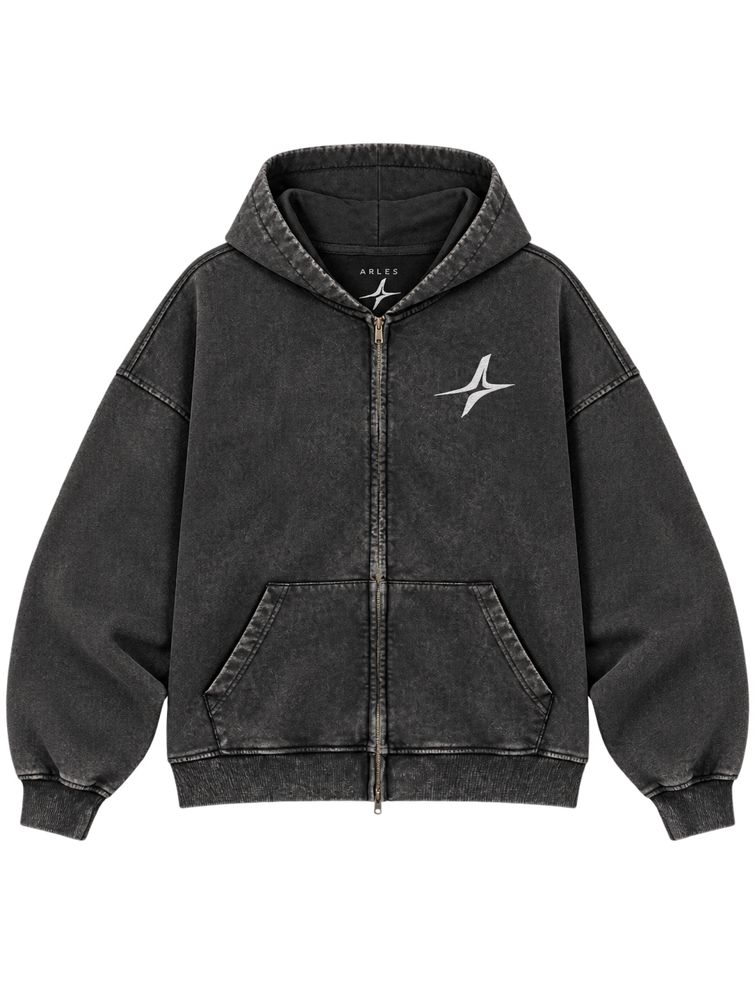 Faded Star Zip Hoodie in Faded Black — front, chest star #color-faded-black