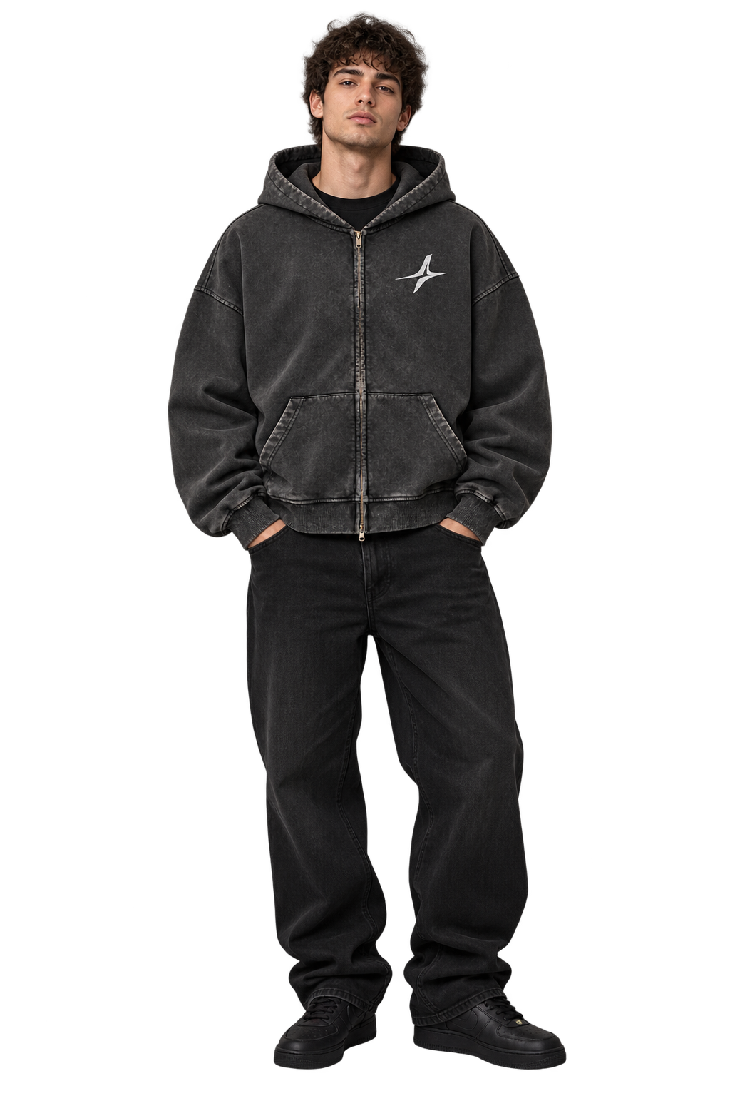 Faded Star Zip Hoodie in Faded Black — worn, front #color-faded-black