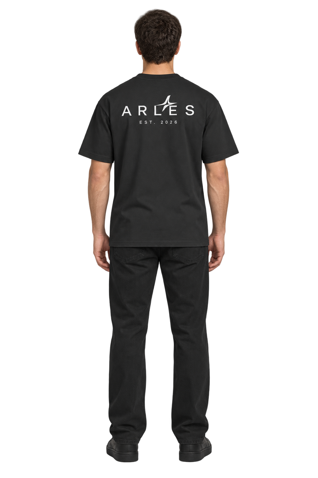 Sand-Washed Classic Tee in Black — worn, back #color-black