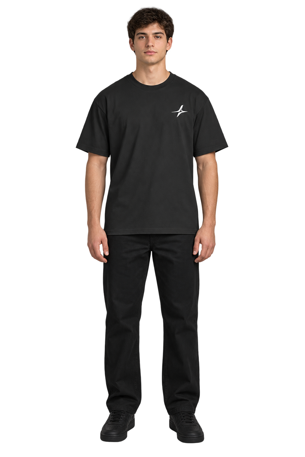 Sand-Washed Classic Tee in Black — worn, front #color-black