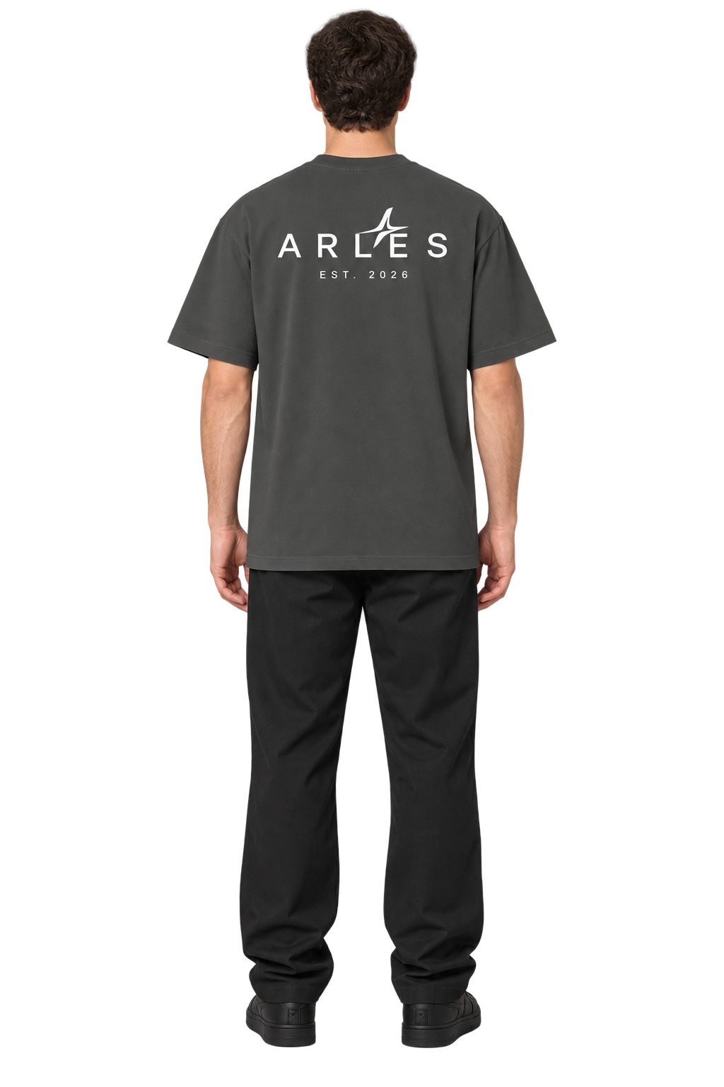 Sand-Washed Classic Tee in Carbon Gray — worn, back #color-carbon-gray