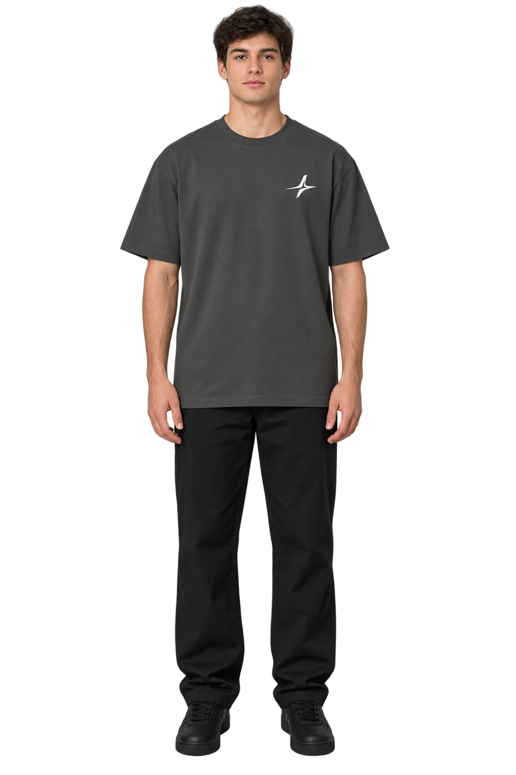 Sand-Washed Classic Tee in Carbon Gray — worn, front #color-carbon-gray